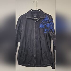 INC International Concepts Black Shirt with Vibrant Blue Floral Pattern